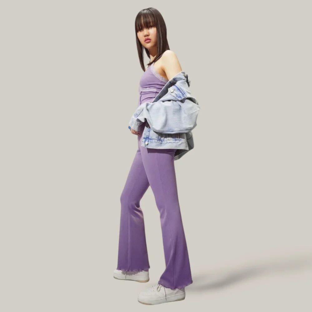 Purple Flare Rib-knit Pants with Lettuce Trim - Picture 2 of 14